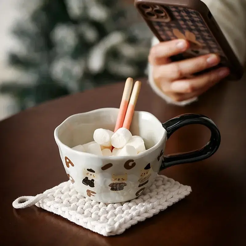 300ml Hand-painted Flower Ceramic Coffee Cup Cute Style Print Porcelain Handmade Breakfast Milk Juice Tea Chocolate Handle Mug