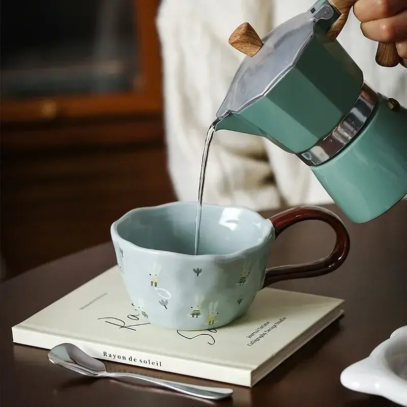 300ml Hand-painted Flower Ceramic Coffee Cup Cute Style Print Porcelain Handmade Breakfast Milk Juice Tea Chocolate Handle Mug