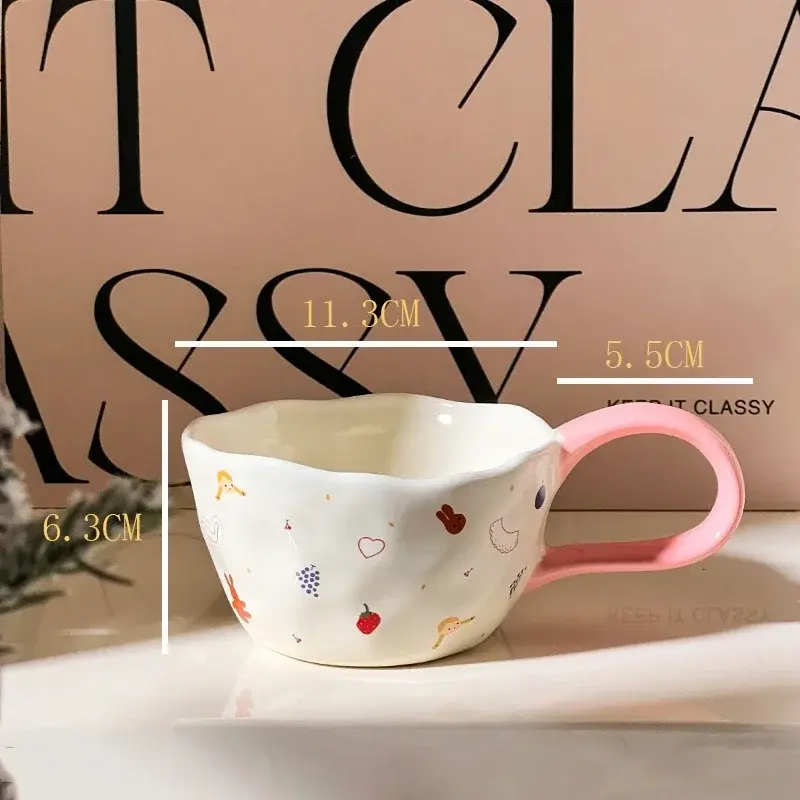 300ml Hand-painted Flower Ceramic Coffee Cup Cute Style Print Porcelain Handmade Breakfast Milk Juice Tea Chocolate Handle Mug