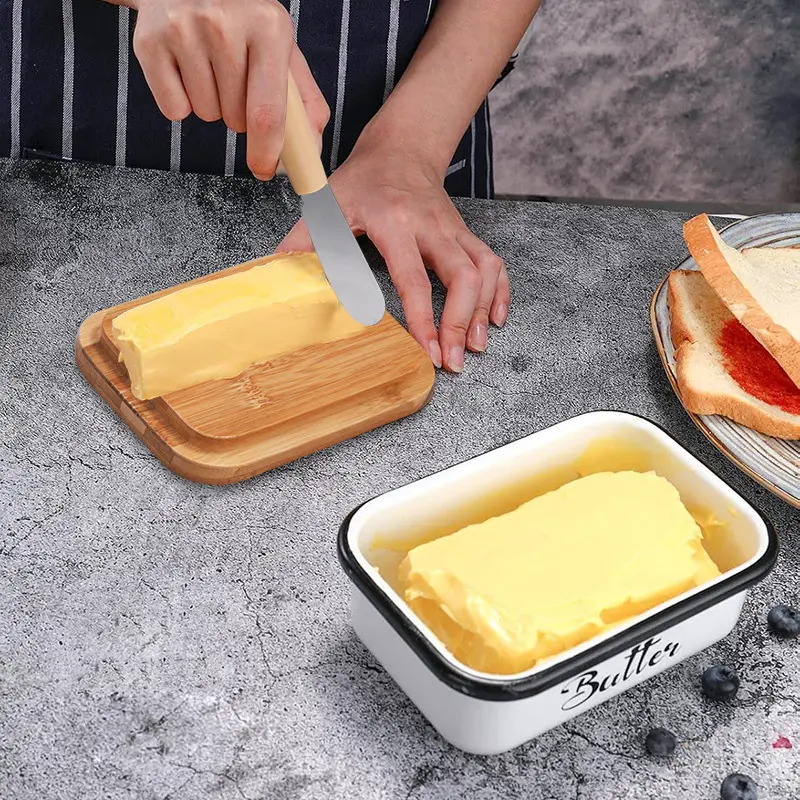 Butter Container Box Restaurant Sealed Storage Box Cheese Box with Knife Bamboo Lid Butter Slicer Refrigerator Storage Tableware