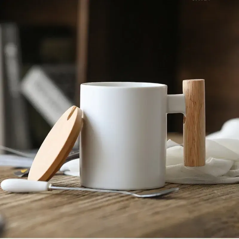 Wooden Handle Mugs with Lid and Spoon Coffee Milk Nordic Cups Drinkware Coffeeware Teaware Ceramic Cup Kitchen Accessories