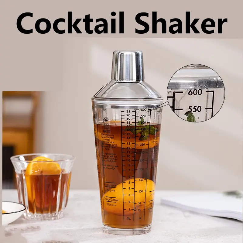 Glass Cocktail Shaker Martini Hand Shaker Cup with Scales 400/600ml Milk Tea Lemon Tea Wine Drink Shaker Mixer Bar Tool