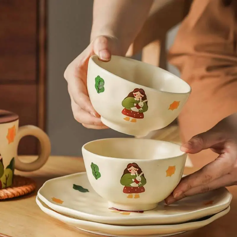 Ceramic Bowl Retro Girl with Flower Design, Home Use, Large Noodle Bowl, INS Style Dishware, Large Bowl for Noodles and Salad