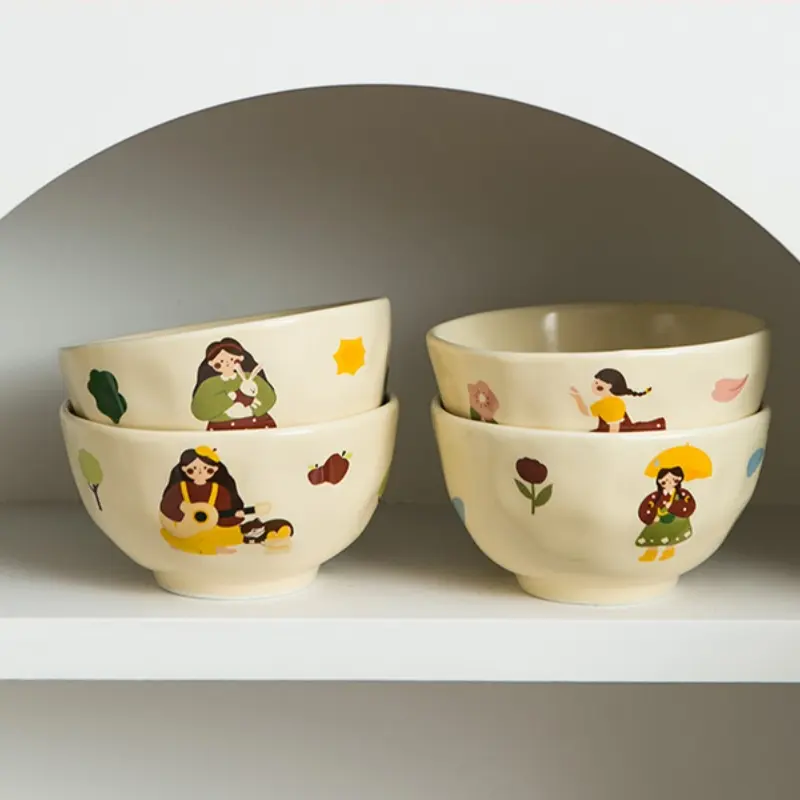 Ceramic Bowl Retro Girl with Flower Design, Home Use, Large Noodle Bowl, INS Style Dishware, Large Bowl for Noodles and Salad
