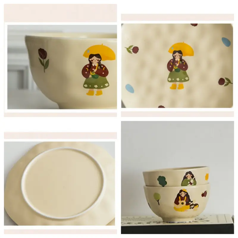 Ceramic Bowl Retro Girl with Flower Design, Home Use, Large Noodle Bowl, INS Style Dishware, Large Bowl for Noodles and Salad
