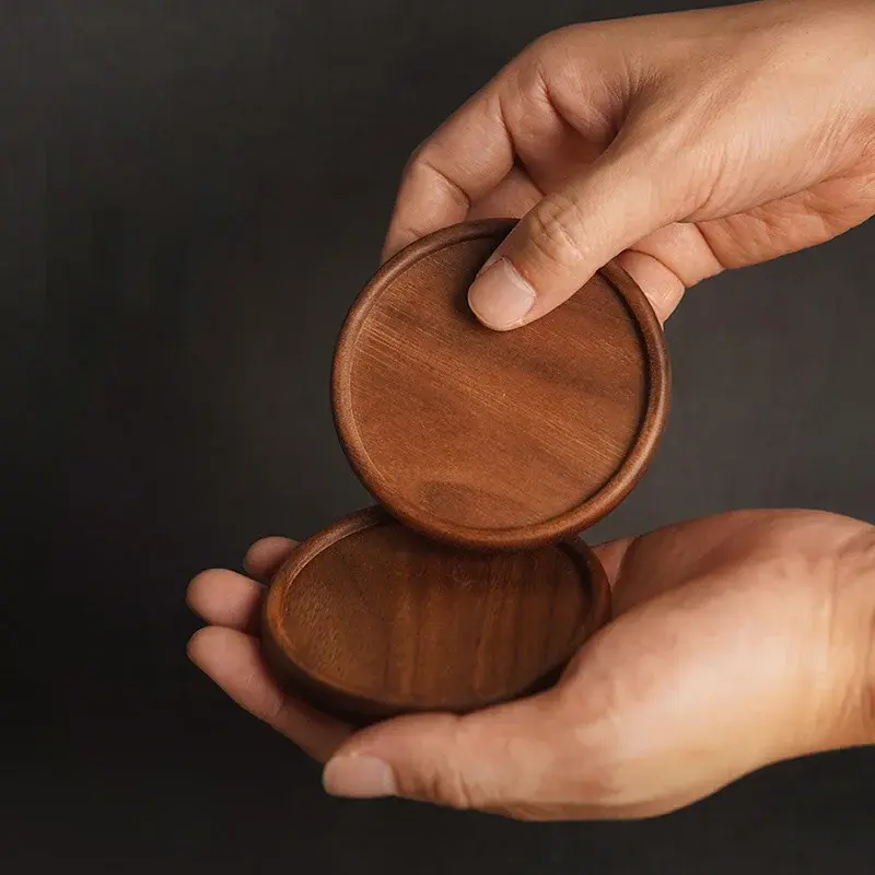 8.8cm Round Wood Coffee Cup Mat Tea Cup Pad Placemats Solid Walnut Wood Coaster Durable Heat Resistant Cup Pad Placemats
