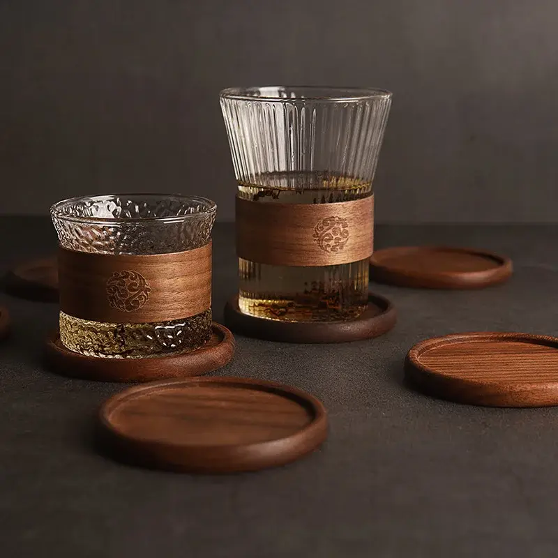 8.8cm Round Wood Coffee Cup Mat Tea Cup Pad Placemats Solid Walnut Wood Coaster Durable Heat Resistant Cup Pad Placemats