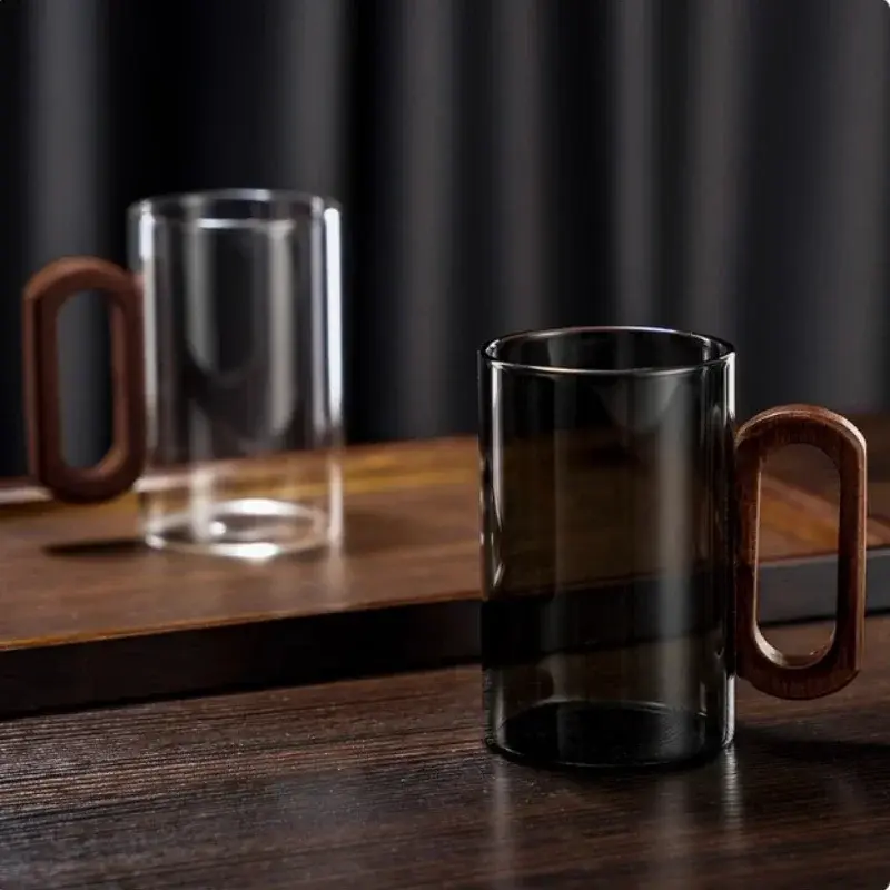 360ml High Borosilicate Glass Tea Cups Heat Resistant Clear Coffee Cups Wooden Handle Drinking Water Cup Home Office Drinkware