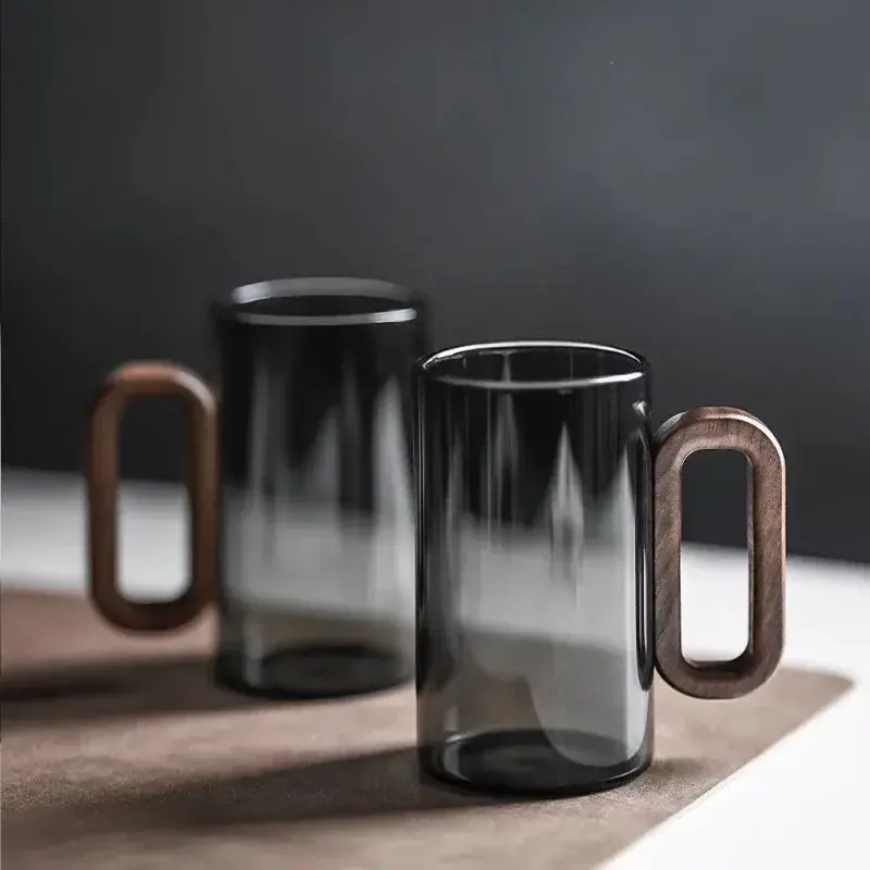 360ml High Borosilicate Glass Tea Cups Heat Resistant Clear Coffee Cups Wooden Handle Drinking Water Cup Home Office Drinkware