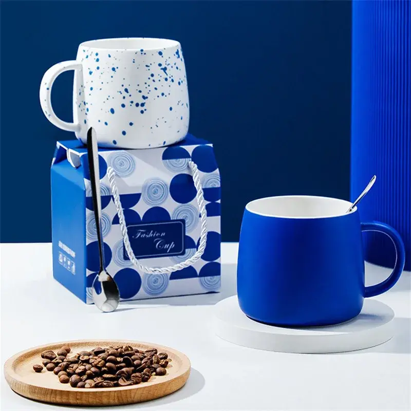 500ml Klein Blue Ceramic Coffee Mug with spoon Gift Package Splash ink Porcelain Mug Breakfast Oatmeal Cup Festival Gift