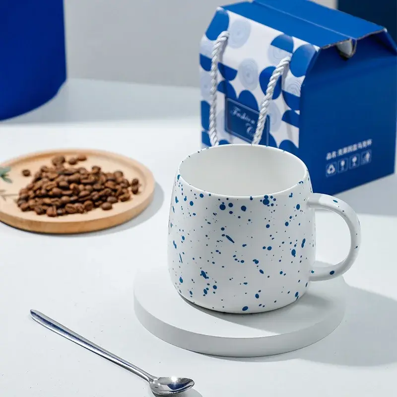500ml Klein Blue Ceramic Coffee Mug with spoon Gift Package Splash ink Porcelain Mug Breakfast Oatmeal Cup Festival Gift