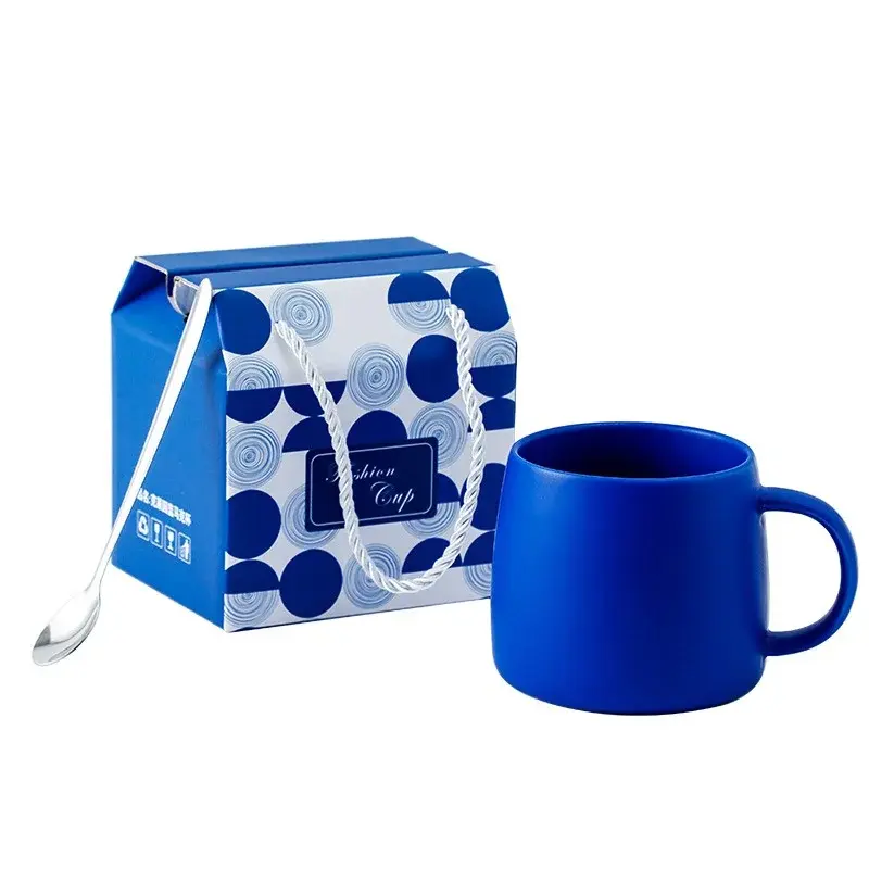 500ml Klein Blue Ceramic Coffee Mug with spoon Gift Package Splash ink Porcelain Mug Breakfast Oatmeal Cup Festival Gift
