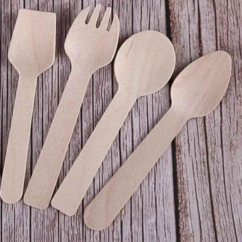 100Pcs Disposable Mini Wooden Spoon Fruit Dessert Forks Spoons Ice Cream Spoon Western Wedding Party Tableware Kitchen Accessory