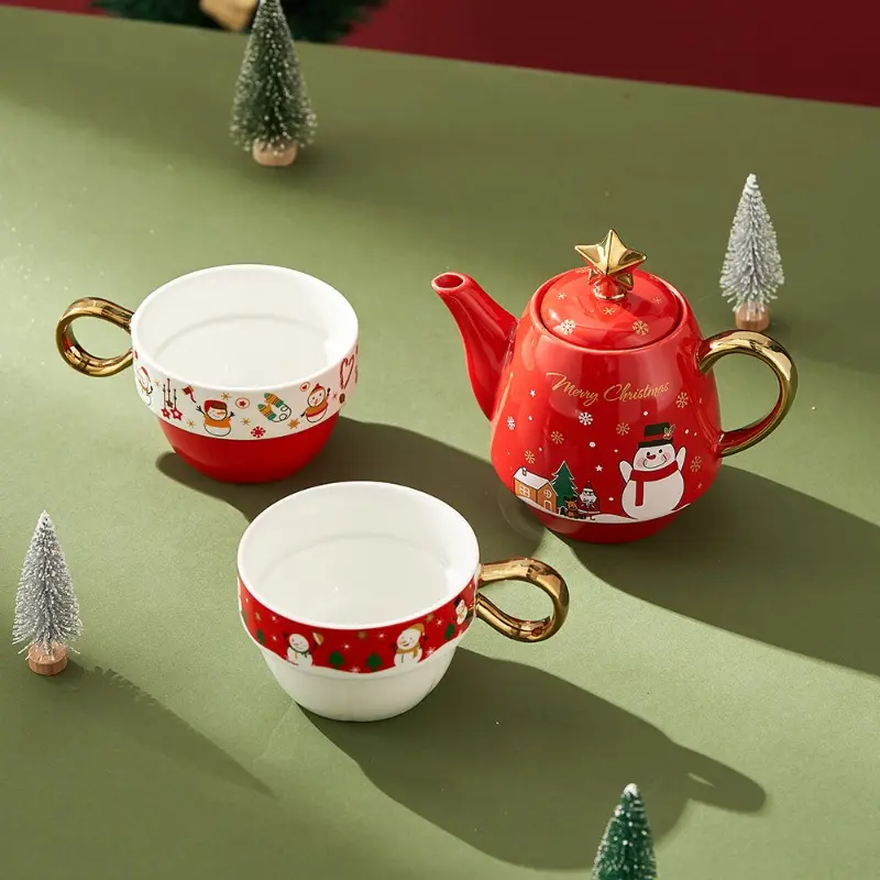 Christmas Ceramic Teapot Teacups Set with Gift Box Santa Claus/Elk Cartoon Teaware Coffee Cup Home Party Decor Christmas Gifts