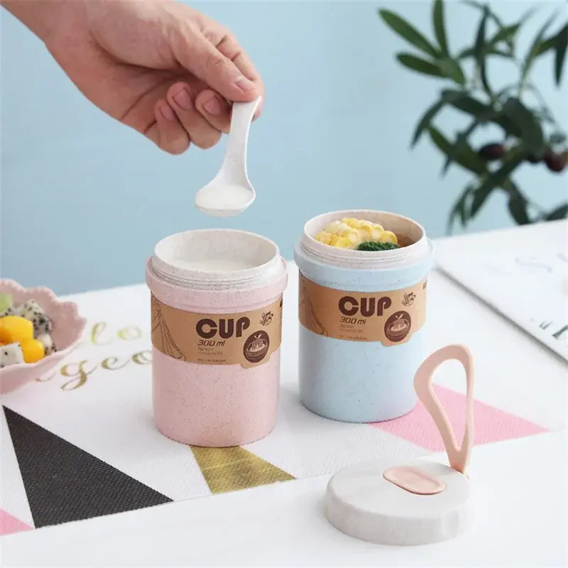 300ml Soup Box Sealed Leakproof Kids Lunch box Wheat Straw Breakfast Cup Soup Cup Microwave Bento Box Food Storage Container