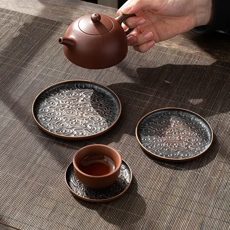 Retro Alloy Round Square Coaster Tea Set Accessories Lucky cloud pattern Cup Holder Insulation Pad Coffee Mat Desktop Decoration