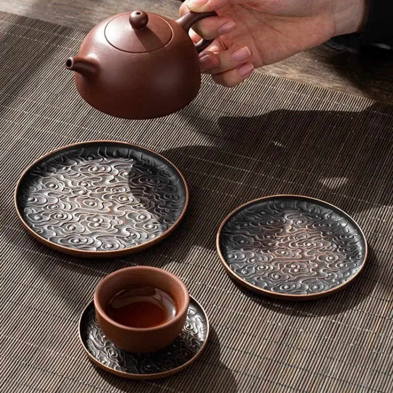 Retro Alloy Round Square Coaster Tea Set Accessories Lucky cloud pattern Cup Holder Insulation Pad Coffee Mat Desktop Decoration