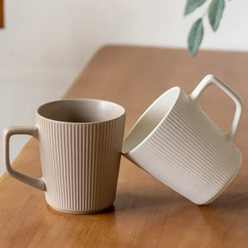 500ml Nordic Ceramic Mug Matte Relief Milk Coffee Cup with Handle Home Office Practical Water Cup Solid Color Striped Shape