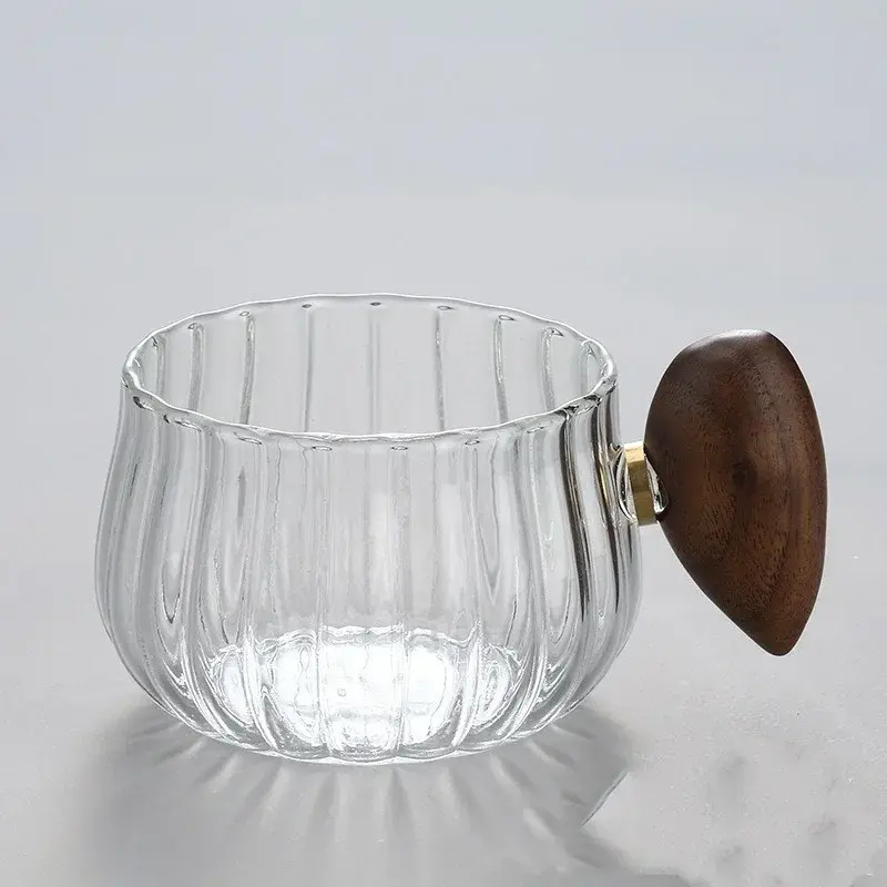 250ml High Borosilicate Glass Coffee Cup Pumpkin Shape Striped Heat-resistant Wooden Handle Latte Cup Breakfast Milk Tea Cup