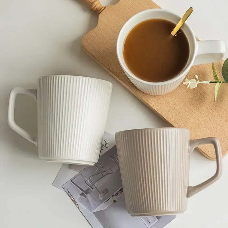 500ml Nordic Ceramic Mug Matte Relief Milk Coffee Cup with Handle Home Office Practical Water Cup Solid Color Striped Shape