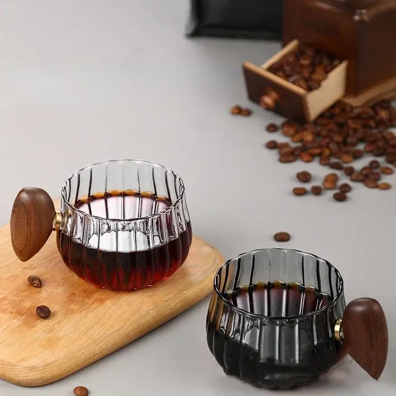 250ml High Borosilicate Glass Coffee Cup Pumpkin Shape Striped Heat-resistant Wooden Handle Latte Cup Breakfast Milk Tea Cup