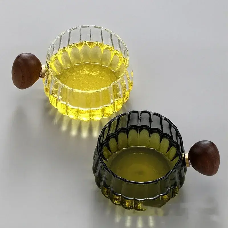 250ml High Borosilicate Glass Coffee Cup Pumpkin Shape Striped Heat-resistant Wooden Handle Latte Cup Breakfast Milk Tea Cup