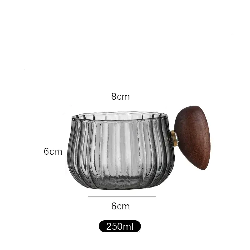 250ml High Borosilicate Glass Coffee Cup Pumpkin Shape Striped Heat-resistant Wooden Handle Latte Cup Breakfast Milk Tea Cup