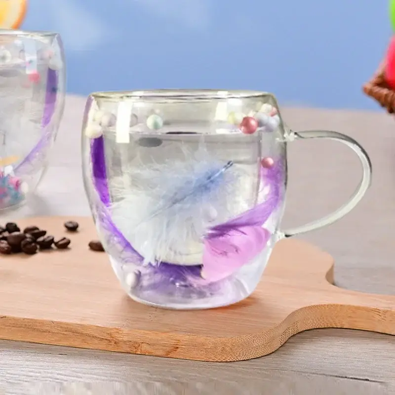 250/350ML Double wall Glass Cup Feather Design Coffee Cup with Handle High Temperature Resistant Anti-scald Milk Tea Juice Cup