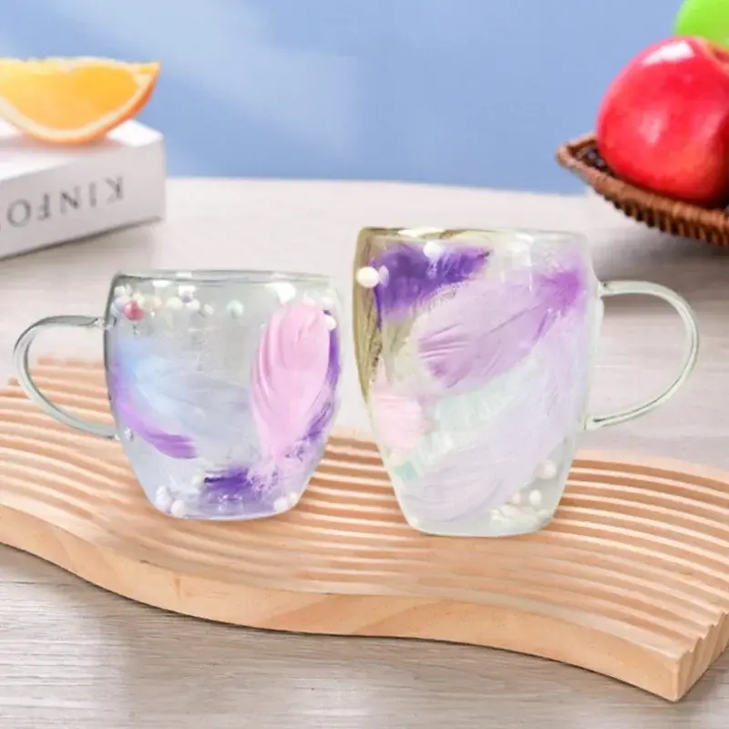 250/350ML Double wall Glass Cup Feather Design Coffee Cup with Handle High Temperature Resistant Anti-scald Milk Tea Juice Cup