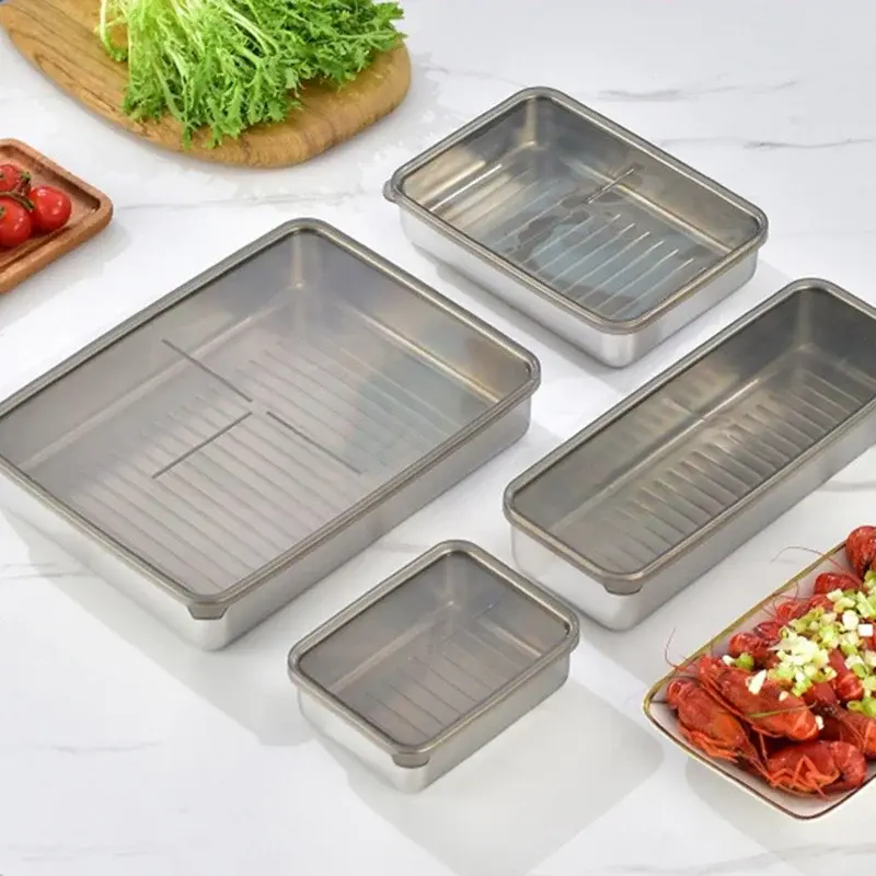 304 Stainless Steel Meat Fruit Fresh-keeping Box with Sealed Lid Fridge Organizer Food Storage Container Freezer Food Plates