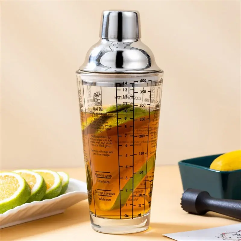 Glass Cocktail Shaker Hand Shaker Cup with Scales 400/600ML Metallic Steel Lid & Strainer Milk Tea Wine Drink Shaker Mixer Bar