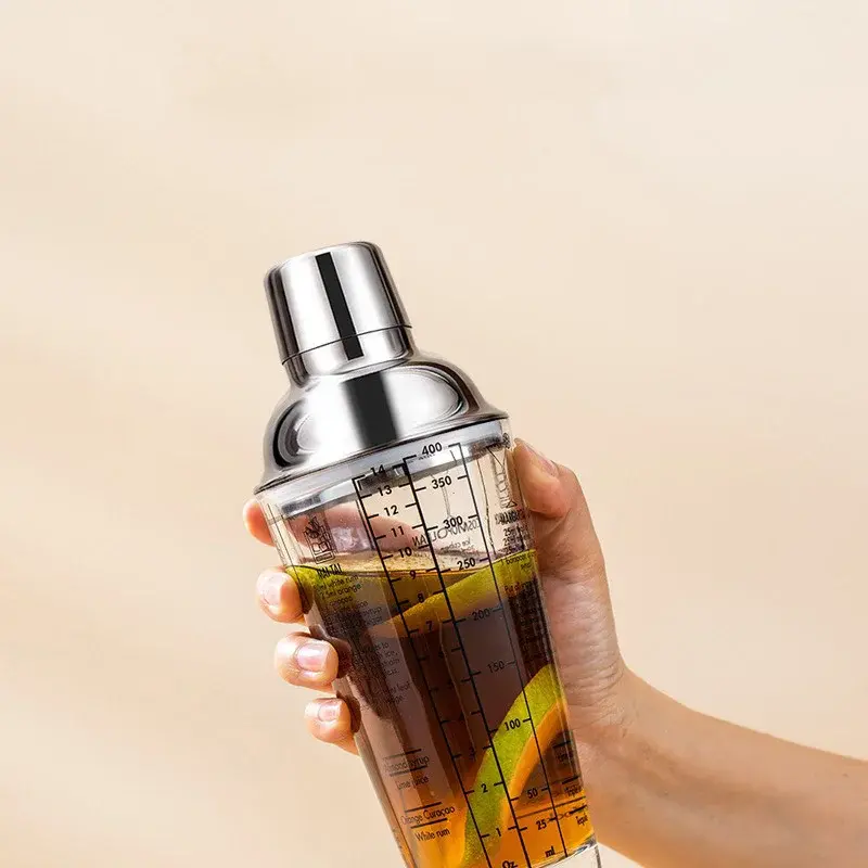 Glass Cocktail Shaker Hand Shaker Cup with Scales 400/600ML Metallic Steel Lid & Strainer Milk Tea Wine Drink Shaker Mixer Bar