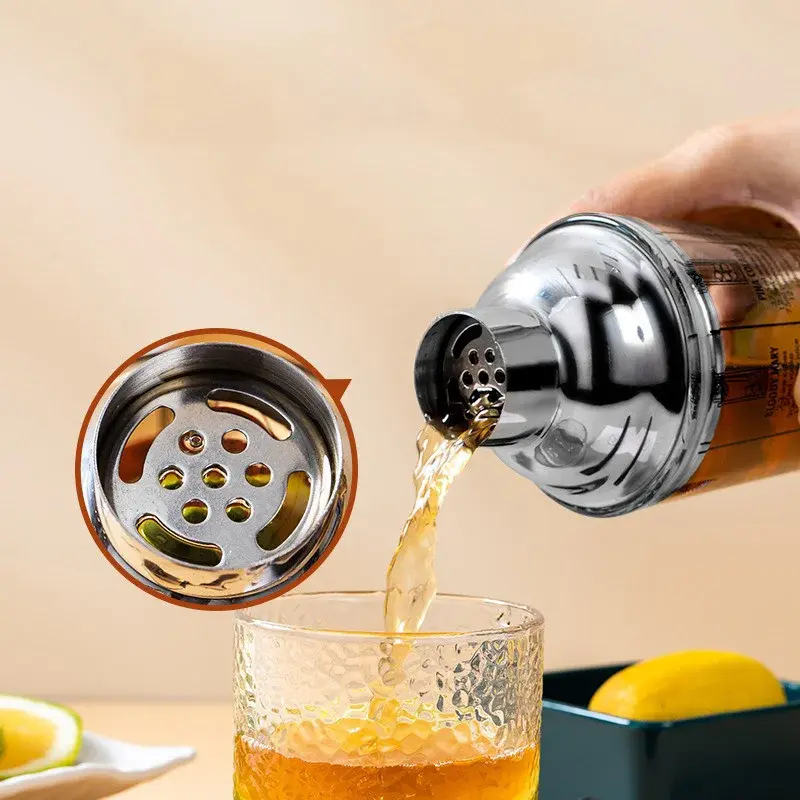Glass Cocktail Shaker Hand Shaker Cup with Scales 400/600ML Metallic Steel Lid & Strainer Milk Tea Wine Drink Shaker Mixer Bar