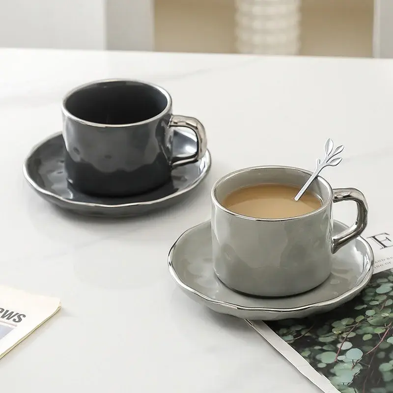 230ml European Style Coffee Cup with Saucer and spoon Ceramic mug Solid Color Tea Cup and Saucer Set Afternoon Tea Milk Cup