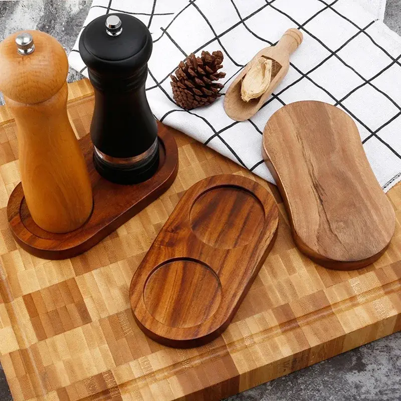 Wood Pepper Mill Tray Bamboo Salt Pepper Shaker Stand Tray Double Hole Base Tea Tray Home Decor Seasoning Bottle Storage Holder