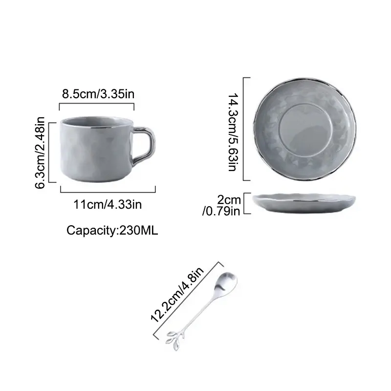 230ml European Style Coffee Cup with Saucer and spoon Ceramic mug Solid Color Tea Cup and Saucer Set Afternoon Tea Milk Cup