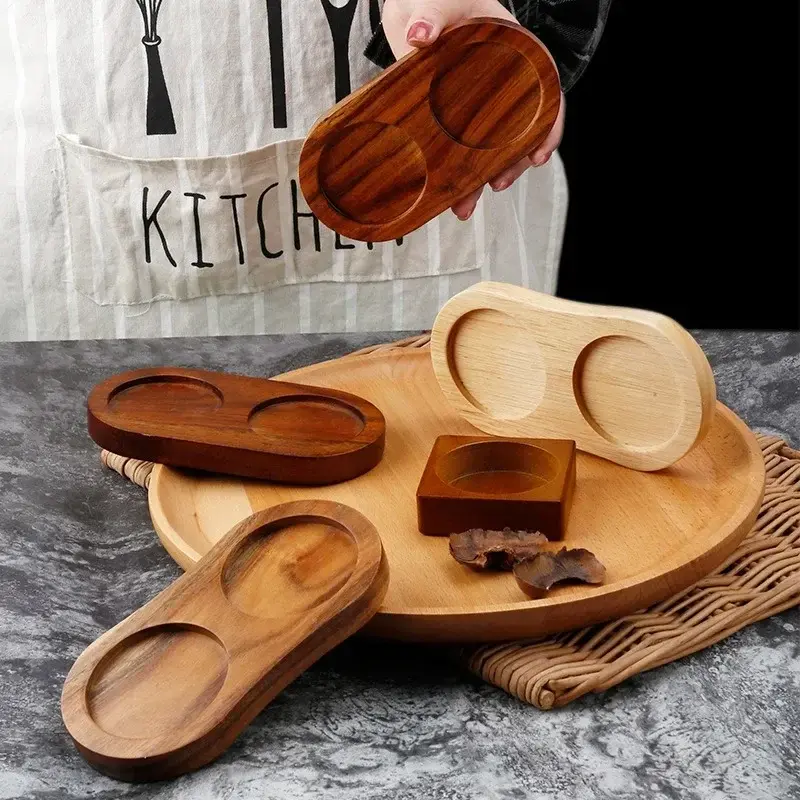 Wood Pepper Mill Tray Bamboo Salt Pepper Shaker Stand Tray Double Hole Base Tea Tray Home Decor Seasoning Bottle Storage Holder
