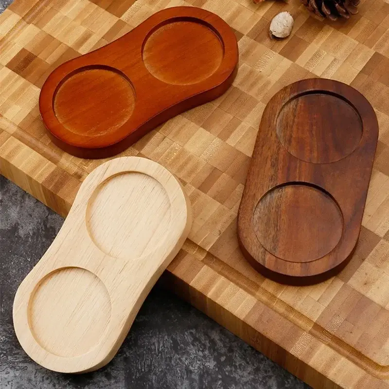 Wood Pepper Mill Tray Bamboo Salt Pepper Shaker Stand Tray Double Hole Base Tea Tray Home Decor Seasoning Bottle Storage Holder
