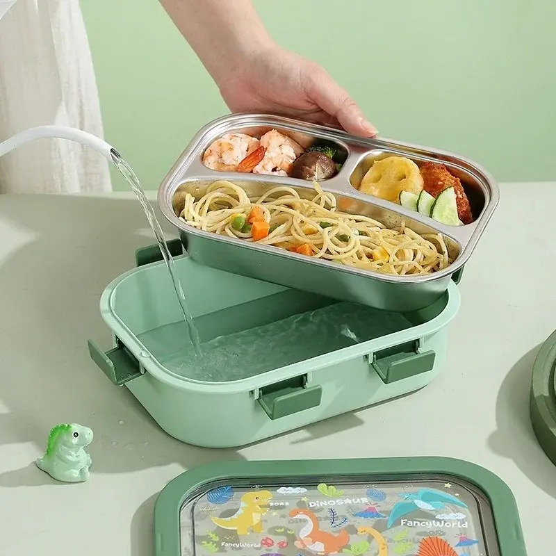 Stainless Steel Cartoon Lunch Box Compartmented Bento Box with Spoon Fork Sealed Leak-proof Lunch Box Food Storage Container
