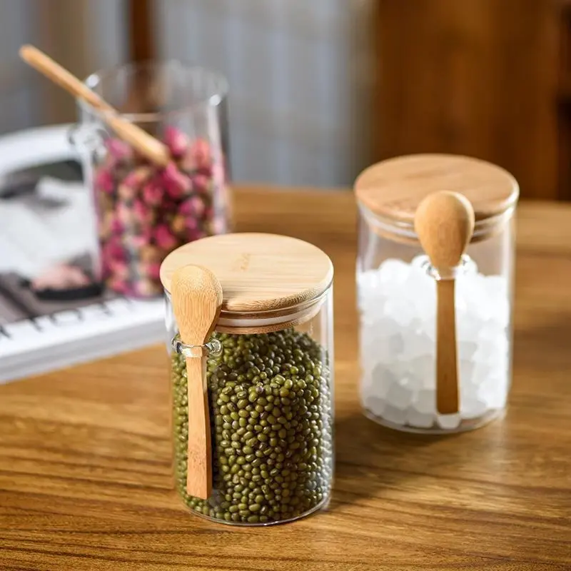 Glass seasoning Jars With bamaboo Lids And Spoons home Candy tea storage Jar kitchen Clear Spice Food Sealed Storage Container ﻿