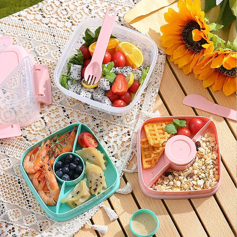 Portable 2 Layer Salad Bowls with Fork 1300ml/1600ml Lunch Box Sealed Leakproof Bento Boxes Reusable Picnic box Food Container