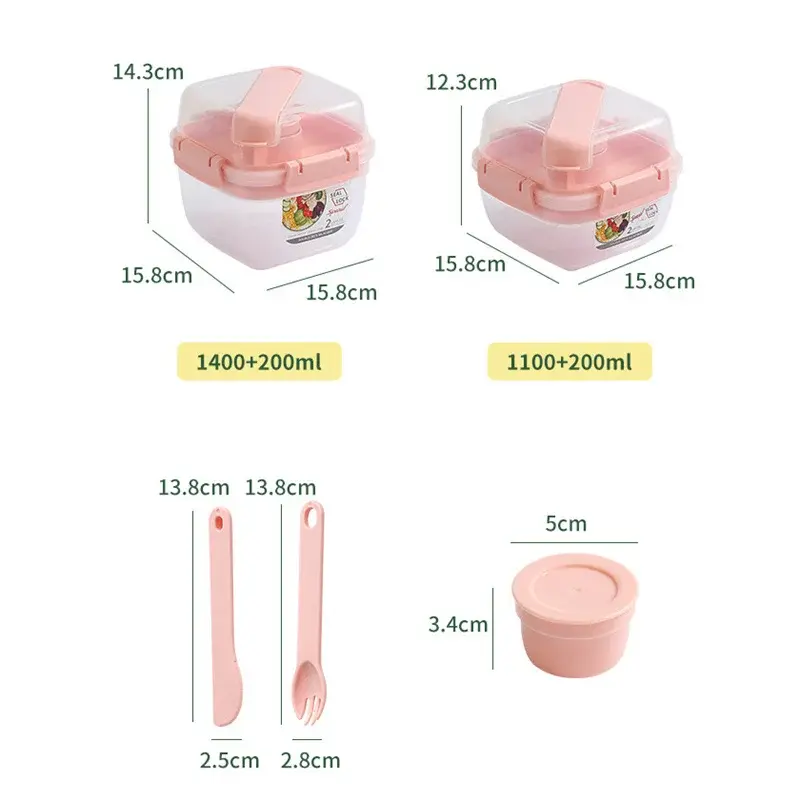 Portable 2 Layer Salad Bowls with Fork 1300ml/1600ml Lunch Box Sealed Leakproof Bento Boxes Reusable Picnic box Food Container