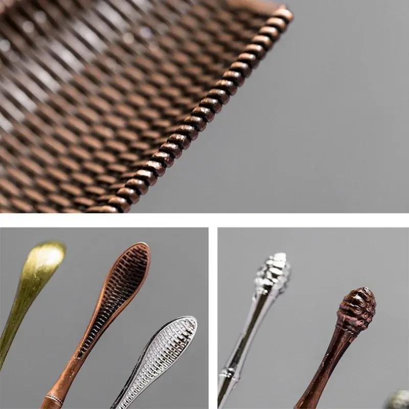 Alloy Bamboo Weaving Shape Tea Shovel Spoons Set Handmade Dustpan Shape Tea Trays Teaspoon Separator Vessel Teaware Accessories
