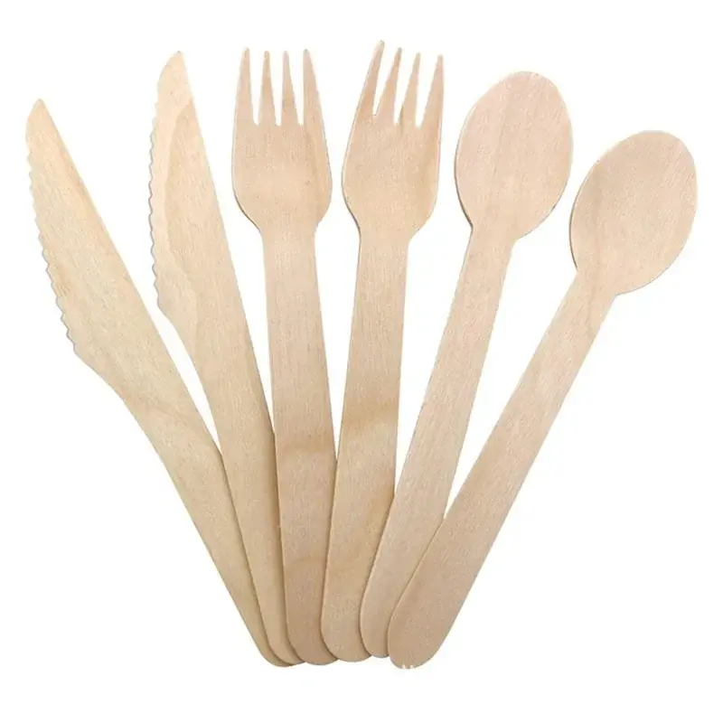 50/100PCS Disposable Tableware Wooden Fruit Cake Forks Ice Cream Spoons Western Steak Knives Weddings Cafes Wooden Tableware