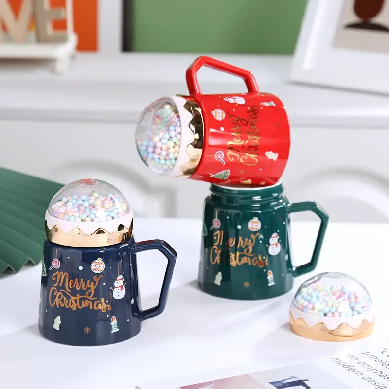 Christmas Mugs with lid and Santa Claus spoon Creative Planet Ceramic Cup Xmas Gift Coffee cup Milk Cup Drinking For home office