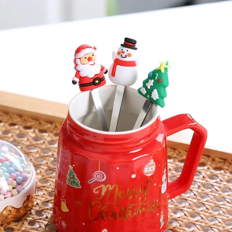 Christmas Mugs with lid and Santa Claus spoon Creative Planet Ceramic Cup Xmas Gift Coffee cup Milk Cup Drinking For home office