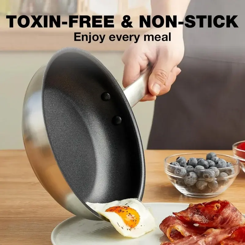 KOCH SYSTEME CS 8/12inch Stainless Steel Frying Pan Black Non-Toxic Nonstick Coating Cooking Pot with Stay-Cool Handle Induction