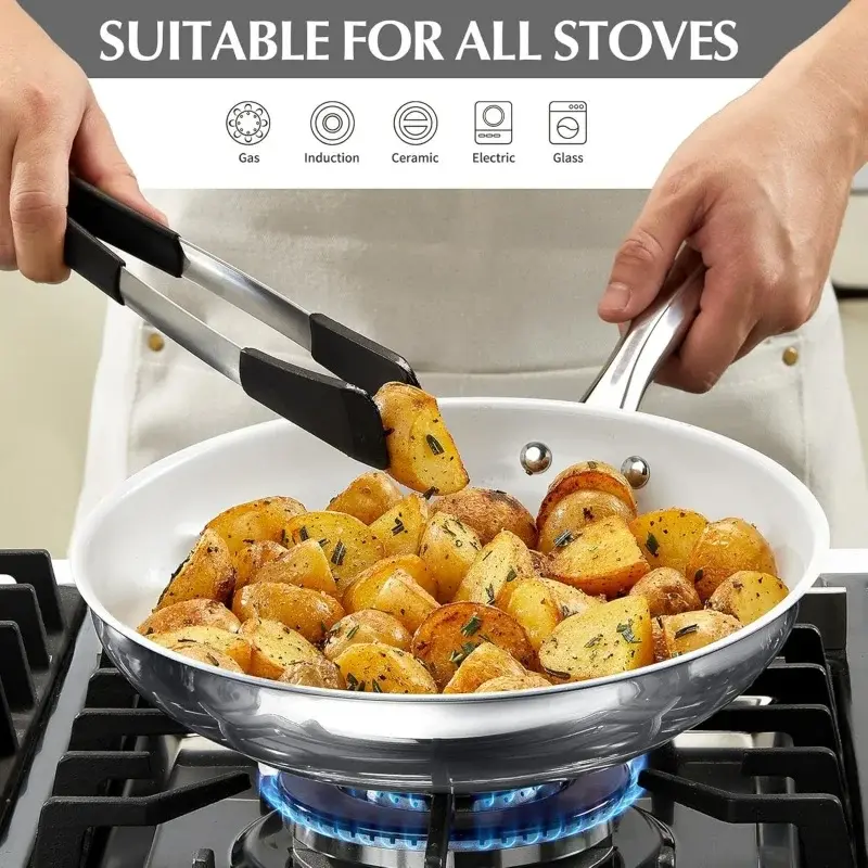 KOCH SYSTEME CS 8/12'' Stainless Steel Frying Pan with Lid White Ceramic Coated Non-stick Frying Pan Steak Skillet Omelette pan