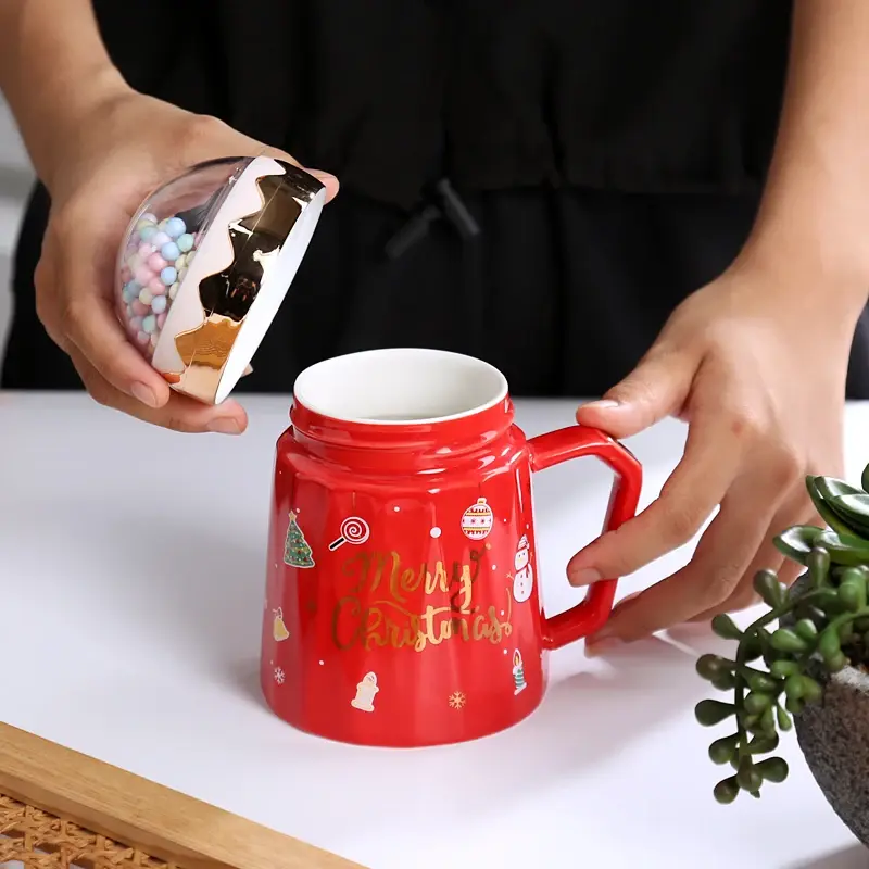 Christmas Mugs with lid and Santa Claus spoon Creative Planet Ceramic Cup Xmas Gift Coffee cup Milk Cup Drinking For home office