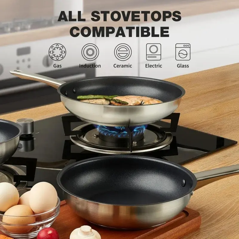 KOCH SYSTEME CS 8/12inch Stainless Steel Frying Pan Black Non-Toxic Nonstick Coating Cooking Pot with Stay-Cool Handle Induction
